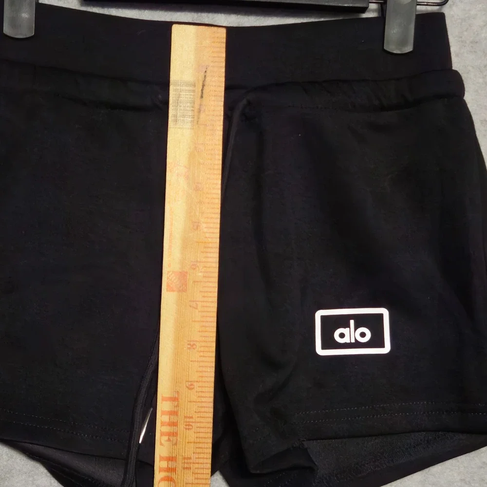 Alo Yoga Shorts Women M Black Cotton Drawstring Athletic Lounge Logo Patch